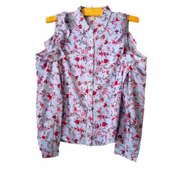 ✨Francesca's Collection Blue White Striped Floral Overlay Cold Shoulder Blouse✨ - Picture 5 of 11